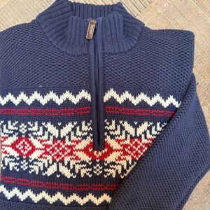 Izod Navy 1/4 Zip  Sweater with Red and White Fair Isle Knit